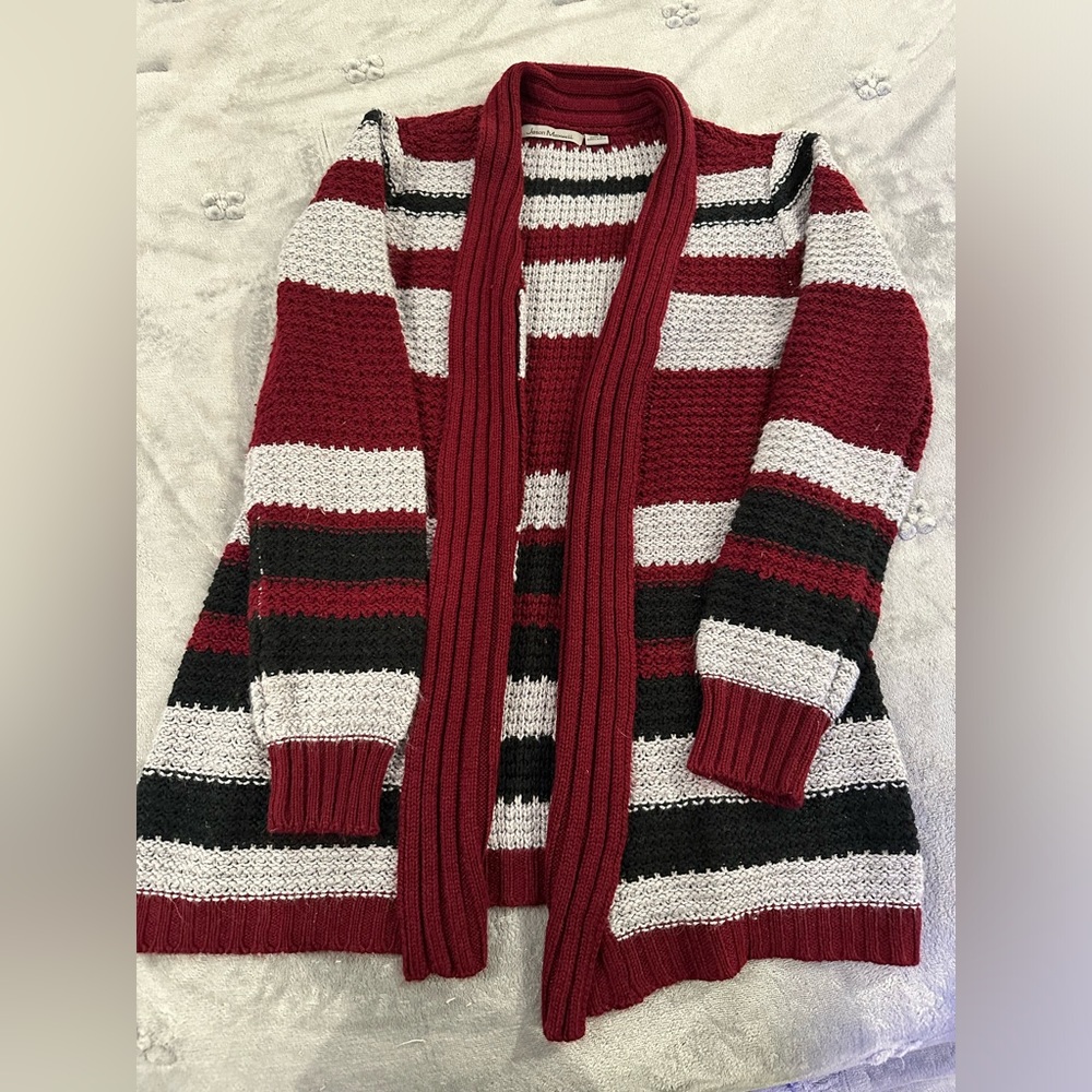 Multi colored cardigan, open front, past the waste length